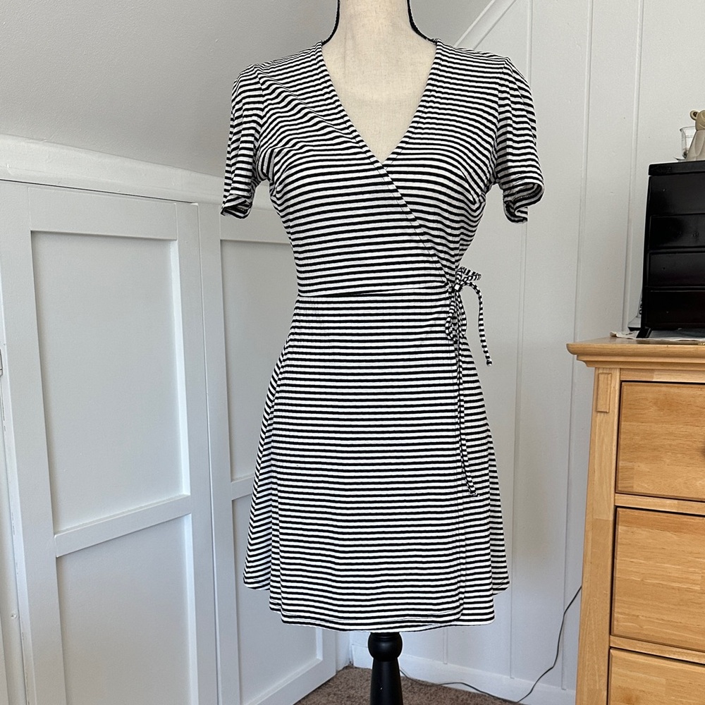 Topshop Black & White Striped Wrap Mini Dress
